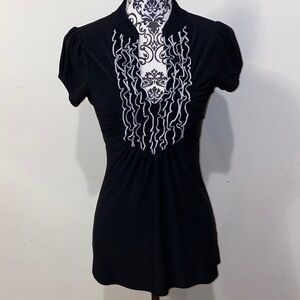 3/$45 Y2K Heart Soul Black V Neck Blouse with White Ruffle Detail Size Medium
